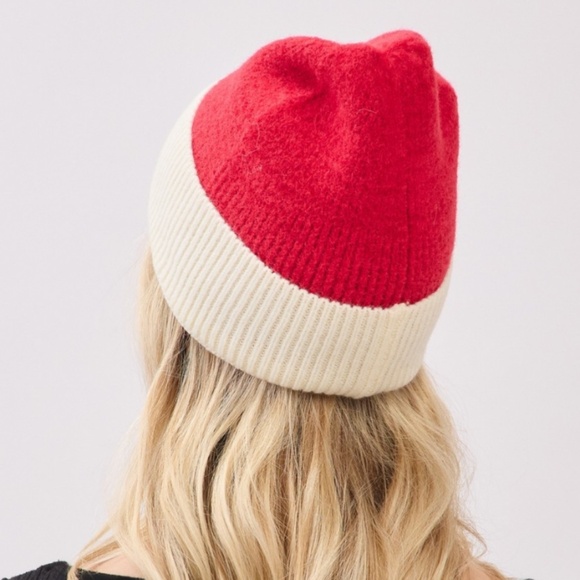 Soft Fuzzy Holiday Christmas Beanie red and ivory cream - Picture 3 of 4